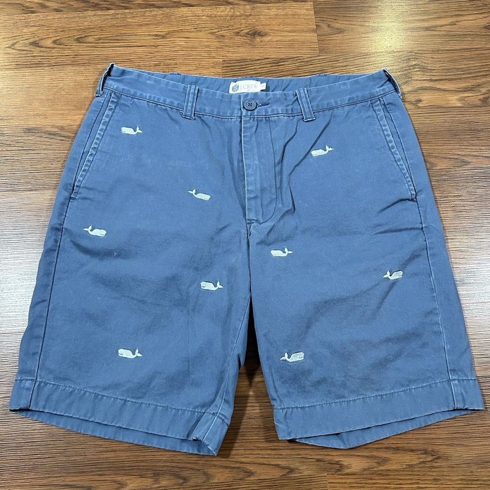 J.Crew Mens Blue Whale Embroidered Chino Shorts Size 33‎ Cotton Nautical Preppy
